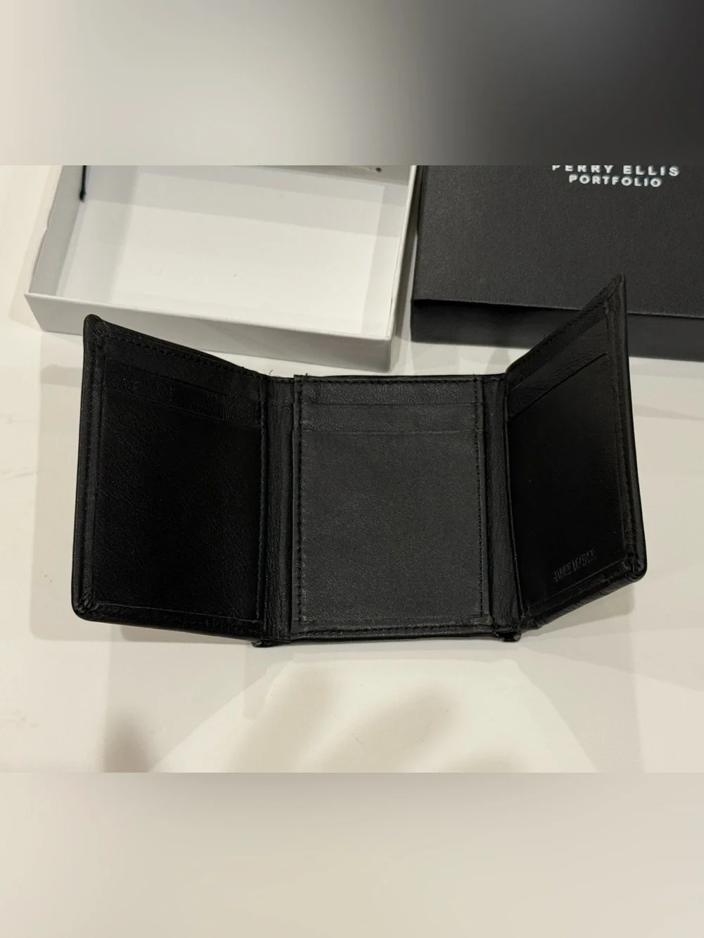 Perry Ellis Black Leather Slim Trifold Wallet with Gift Box